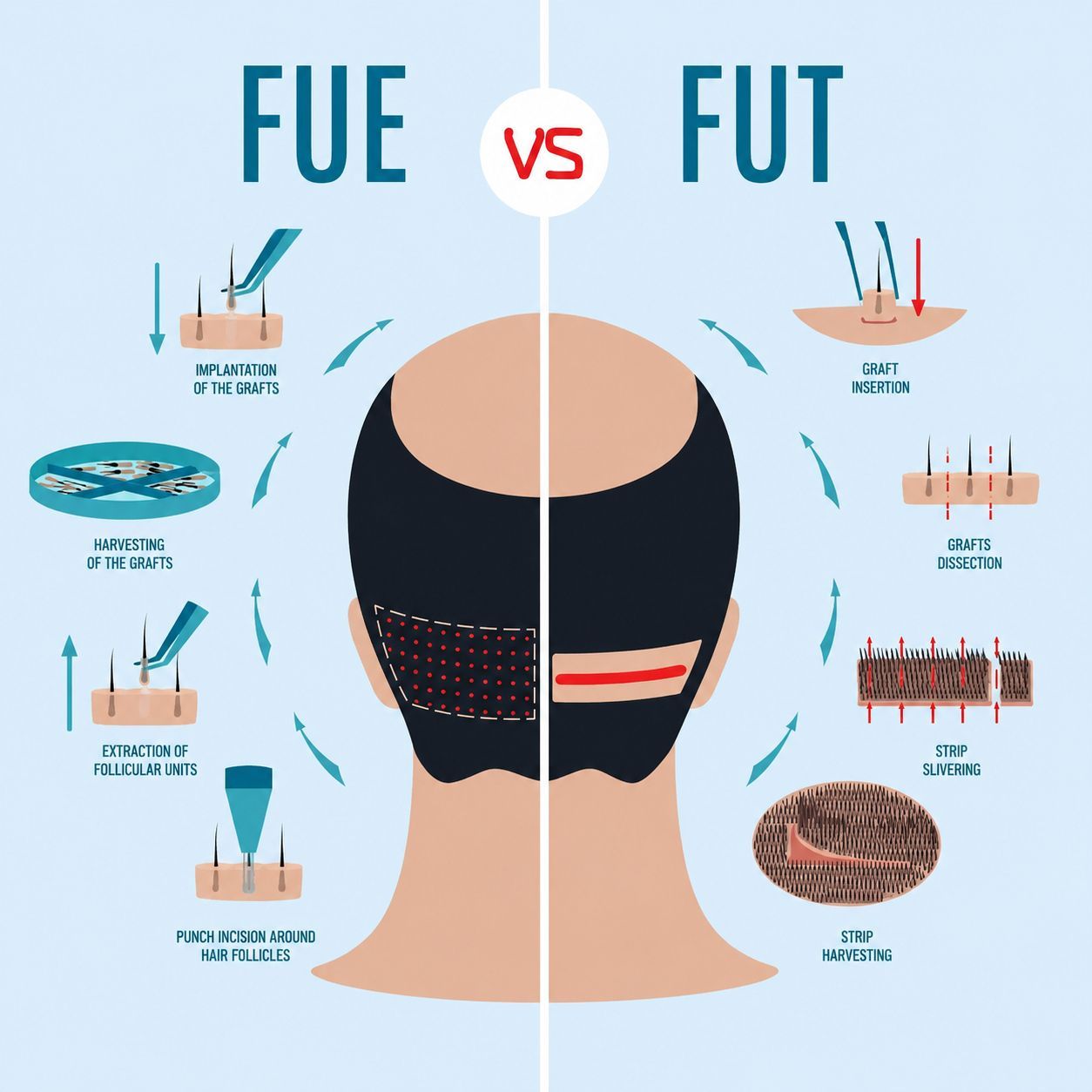 FUE and FUT hair transplant procedure illustration