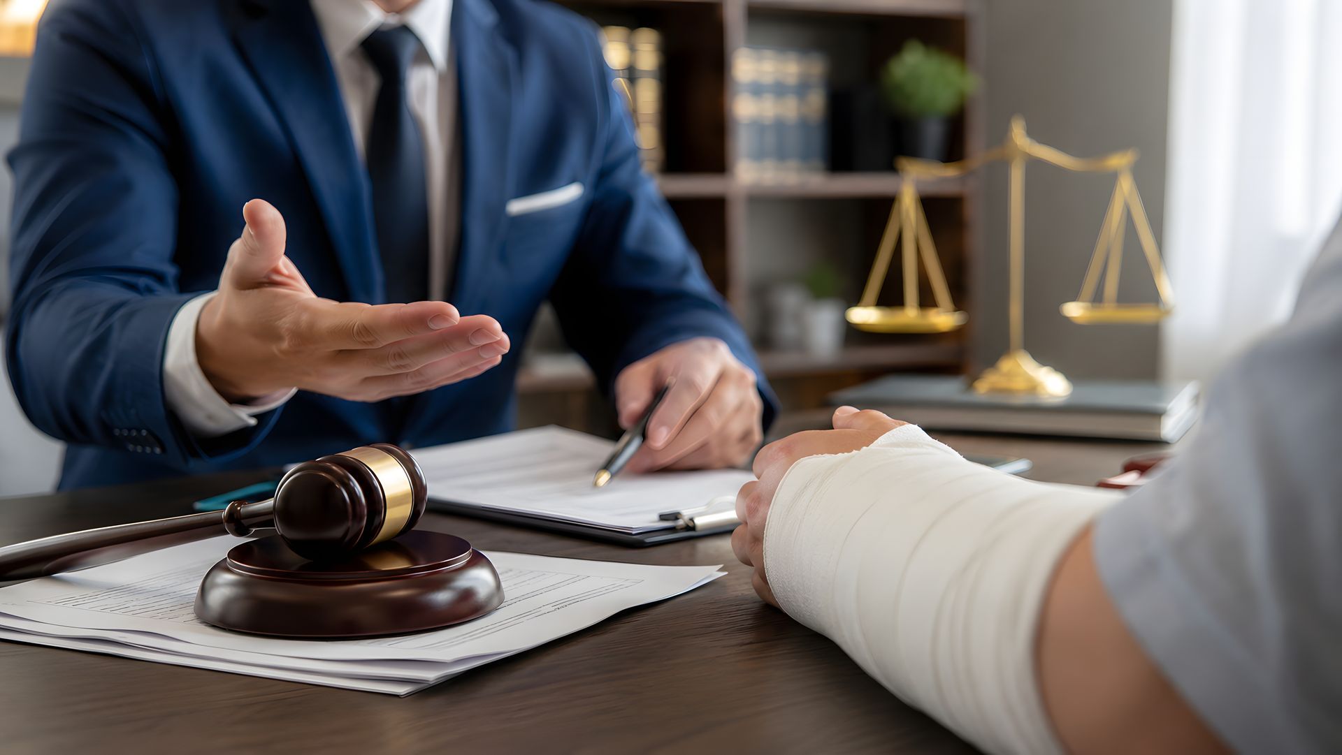 Attorney in navy suit gestures to an injured client with a bandaged arm by a gavel and gold scales.