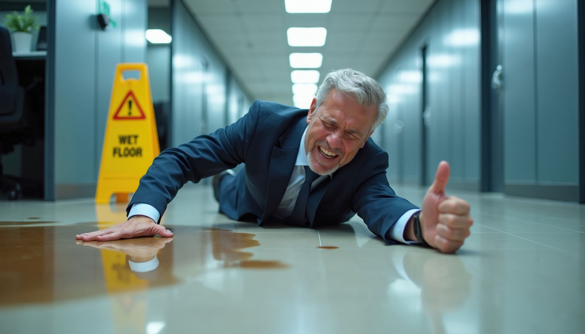 Older businessman in a suit fallen in pain on a wet tiled floor by a yellow wet floor caution sign. Older businessman in a suit fallen in pain on a wet tiled floor by a yellow wet floor caution sign.