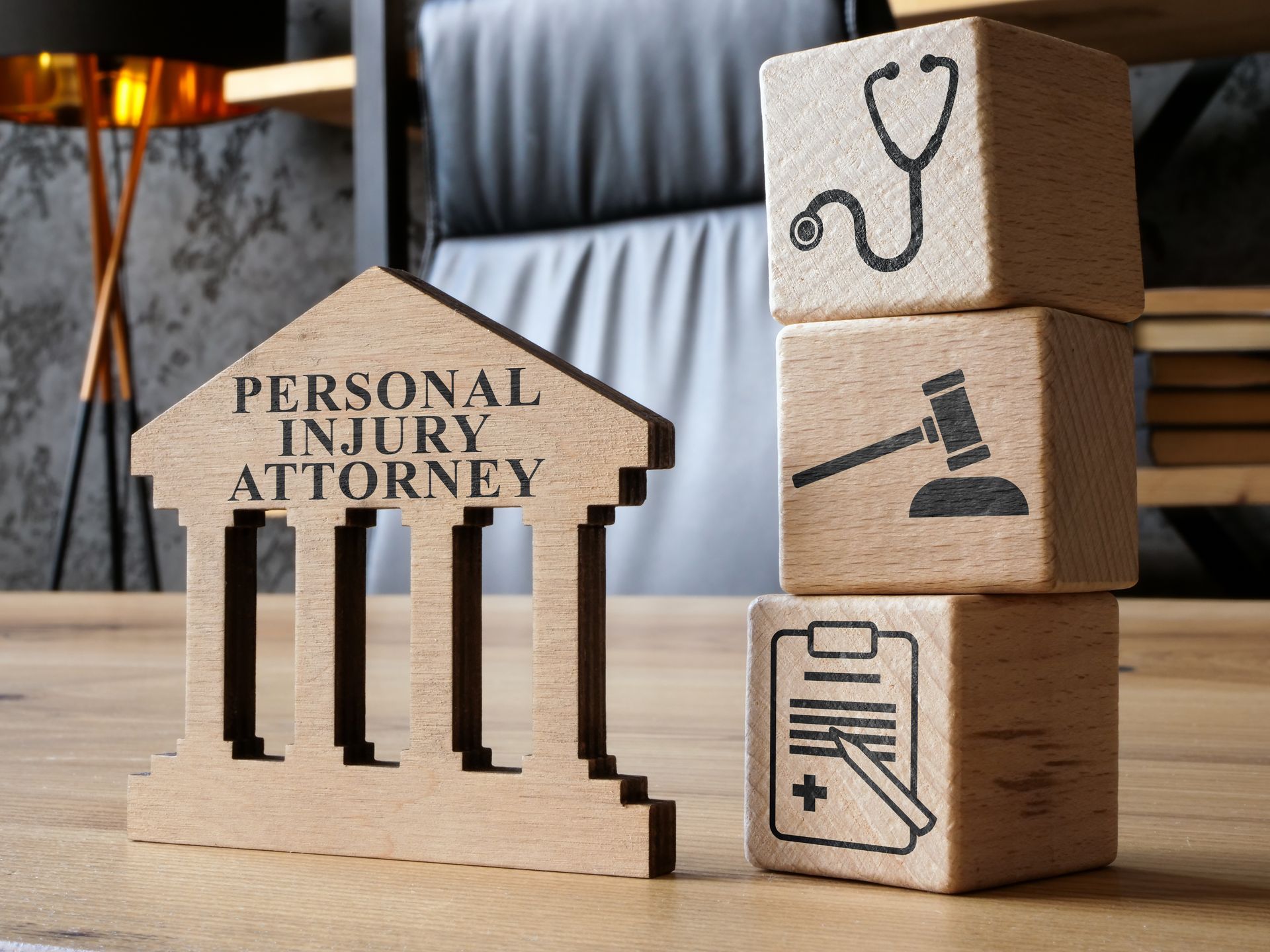 Wooden personal injury attorney sign beside blocks with legal and medical icons.