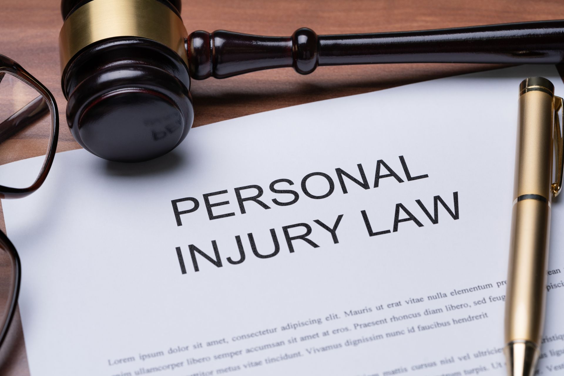 Law document, wooden gavel, spectacles and gold pen, representing personal injury lawyer services.