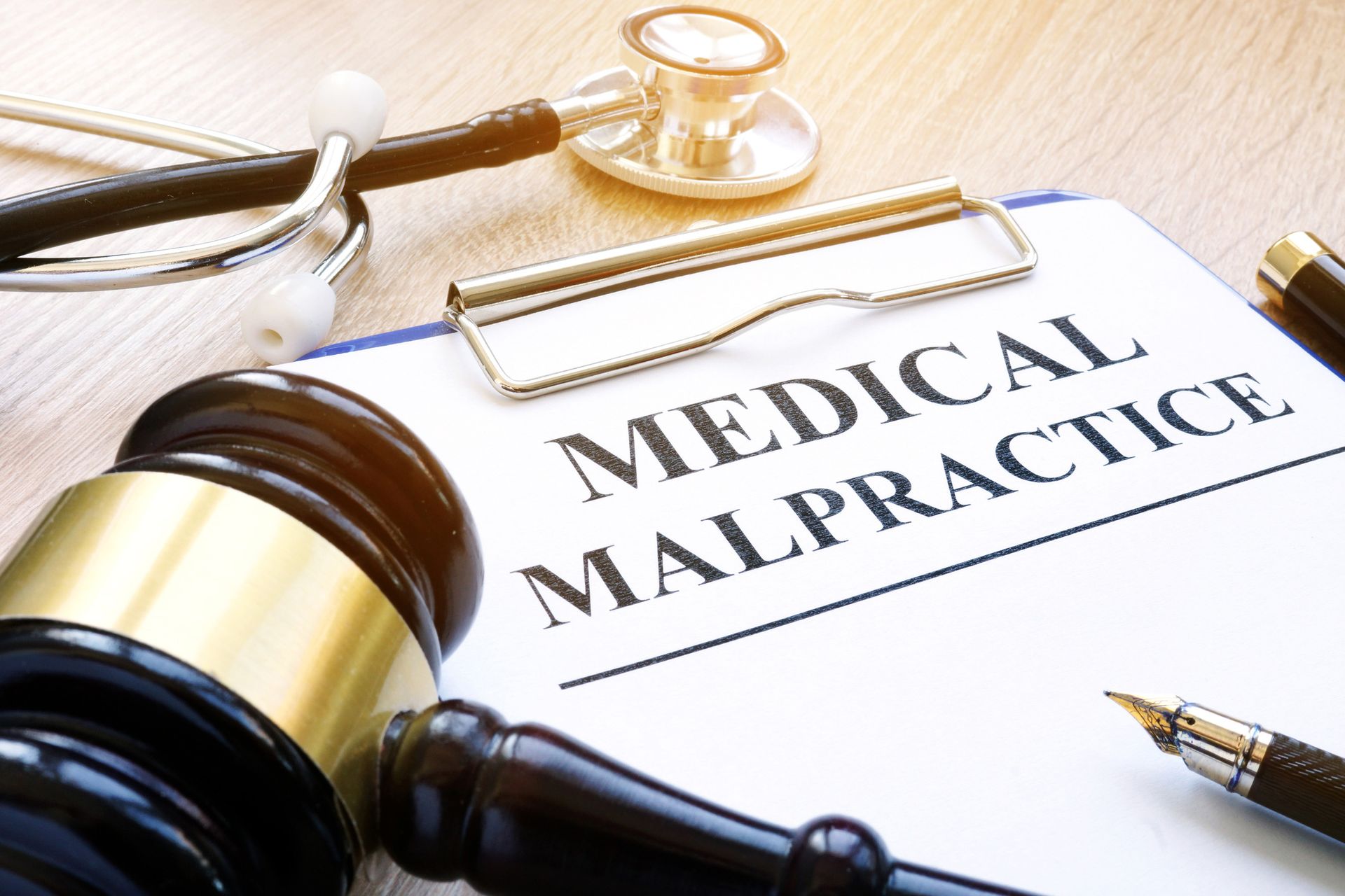 Clipboard with documents from a medical malpractice attorney and a wooden gavel.