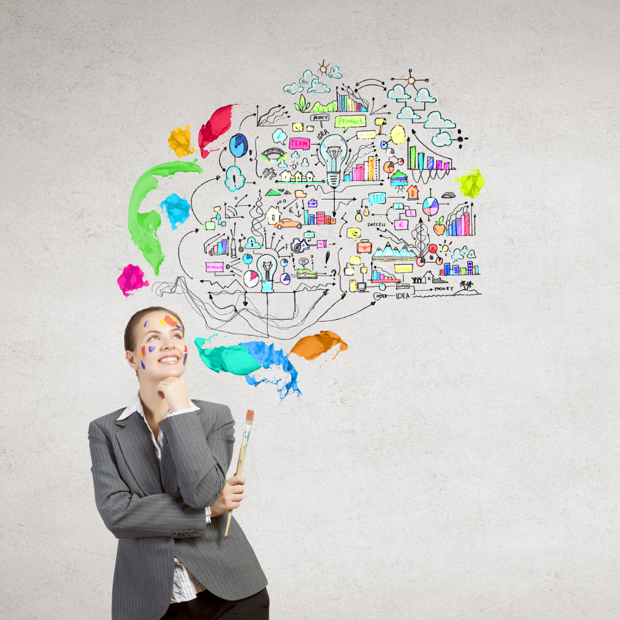 Businessperson with colorful thought bubbles full of creative doodles above their head