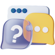 Two overlapping chat bubbles, purple with a question mark and yellow with dots, on a white background
