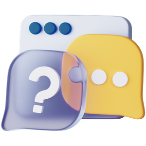 Two overlapping chat bubbles, purple with a question mark and yellow with dots, on a white background
