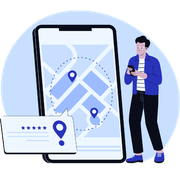 Smartphone map with location pins, review card, and a person checking a phone