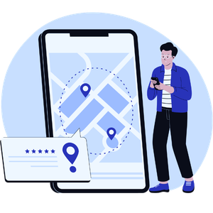 Smartphone map with location pins, review card, and a person checking a phone