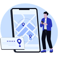 Smartphone map with location pins, review card, and a person checking a phone