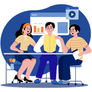 Three coworkers collaborating at a desk with charts and a video window on a blue screen