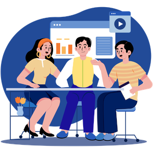 Three coworkers collaborating at a desk with charts and a video window on a blue screen