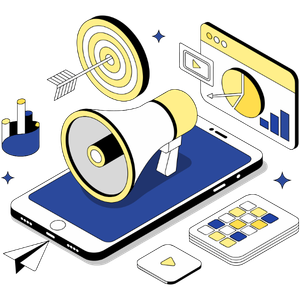 Megaphone on smartphone with target and analytics charts, representing digital marketing advertising