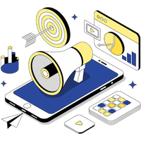 Megaphone on smartphone with target and analytics charts, representing digital marketing advertising