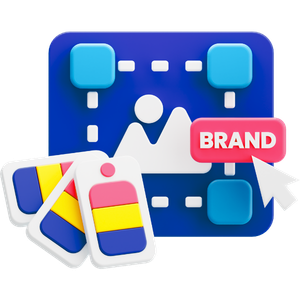 Brand design icon with blue layout, connected nodes, and color swatches in the foreground