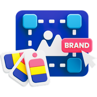 Brand design icon with blue layout, connected nodes, and color swatches in the foreground