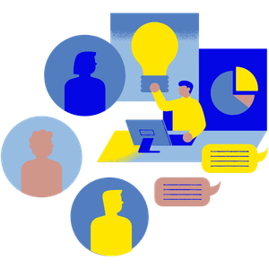 Stylized collaboration graphic with people icons, lightbulb, laptop, and charts in blue, yellow, and pink