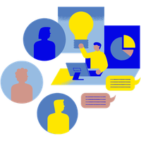 Stylized collaboration graphic with people icons, lightbulb, laptop, and charts in blue, yellow, and pink