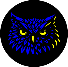 Stylized blue and yellow owl face on a black circular background