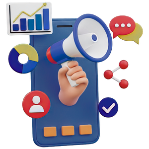 Hand holding megaphone over smartphone with social media and analytics icons