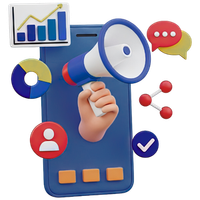 Hand holding megaphone over smartphone with social media and analytics icons