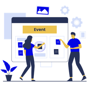 Two people arranging an event schedule on a large online board, with blue and yellow design elements.