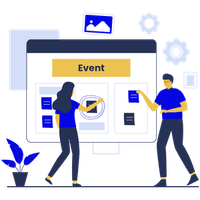 Two people arranging an event schedule on a large online board, with blue and yellow design elements.