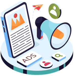 Digital marketing icons: smartphone, megaphone, user profile, and ads on a platform.