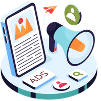Digital marketing icons: smartphone, megaphone, user profile, and ads on a platform.
