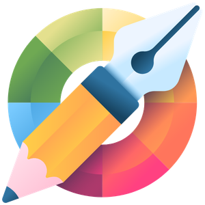 Colorful pencil and fountain pen nib icon over a multicolor circular palette