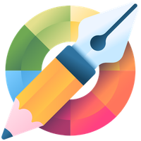 Colorful pencil and fountain pen nib icon over a multicolor circular palette