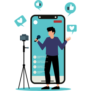 Illustration of a person filming a selfie video on a smartphone with social media like icons floating around