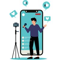 Illustration of a person filming a selfie video on a smartphone with social media like icons floating around