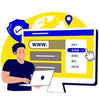 Website domain selection on a computer screen with a cursor selecting .COM, beside a person using a laptop