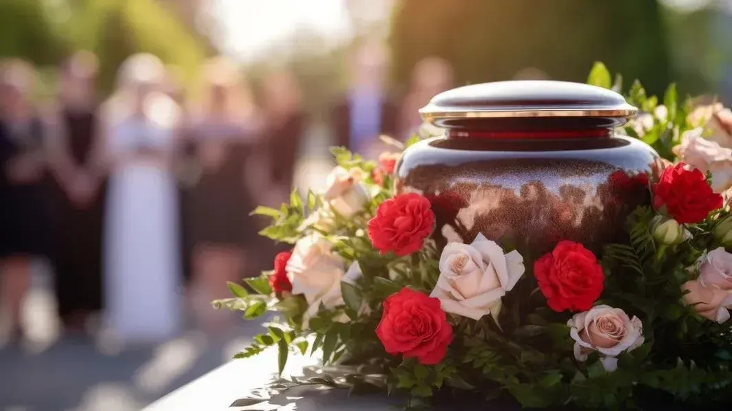 Urn covered in a floral arrangement of light pink and fuchsia roses, with a crowd of people, who appear unfocused by the camera, in the back