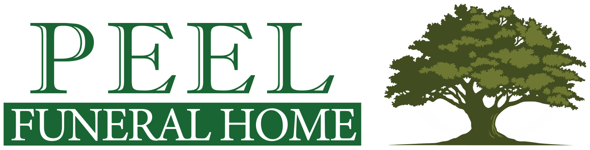 A logo for peel funeral home with an oak tree