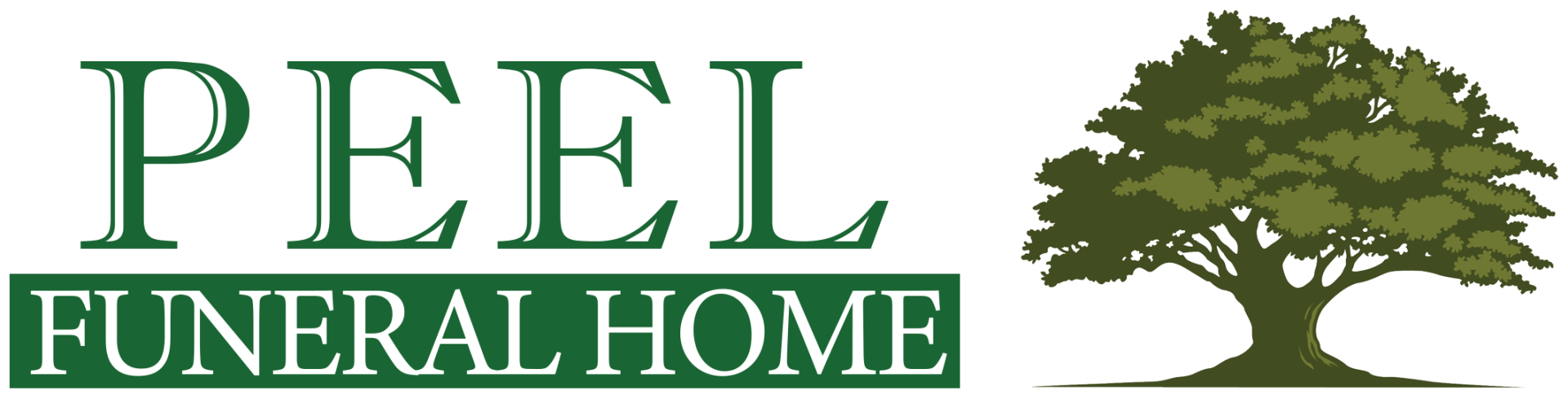 A logo for peel funeral home with an oak tree