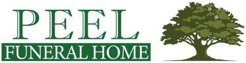 A logo for peel funeral home with an oak tree