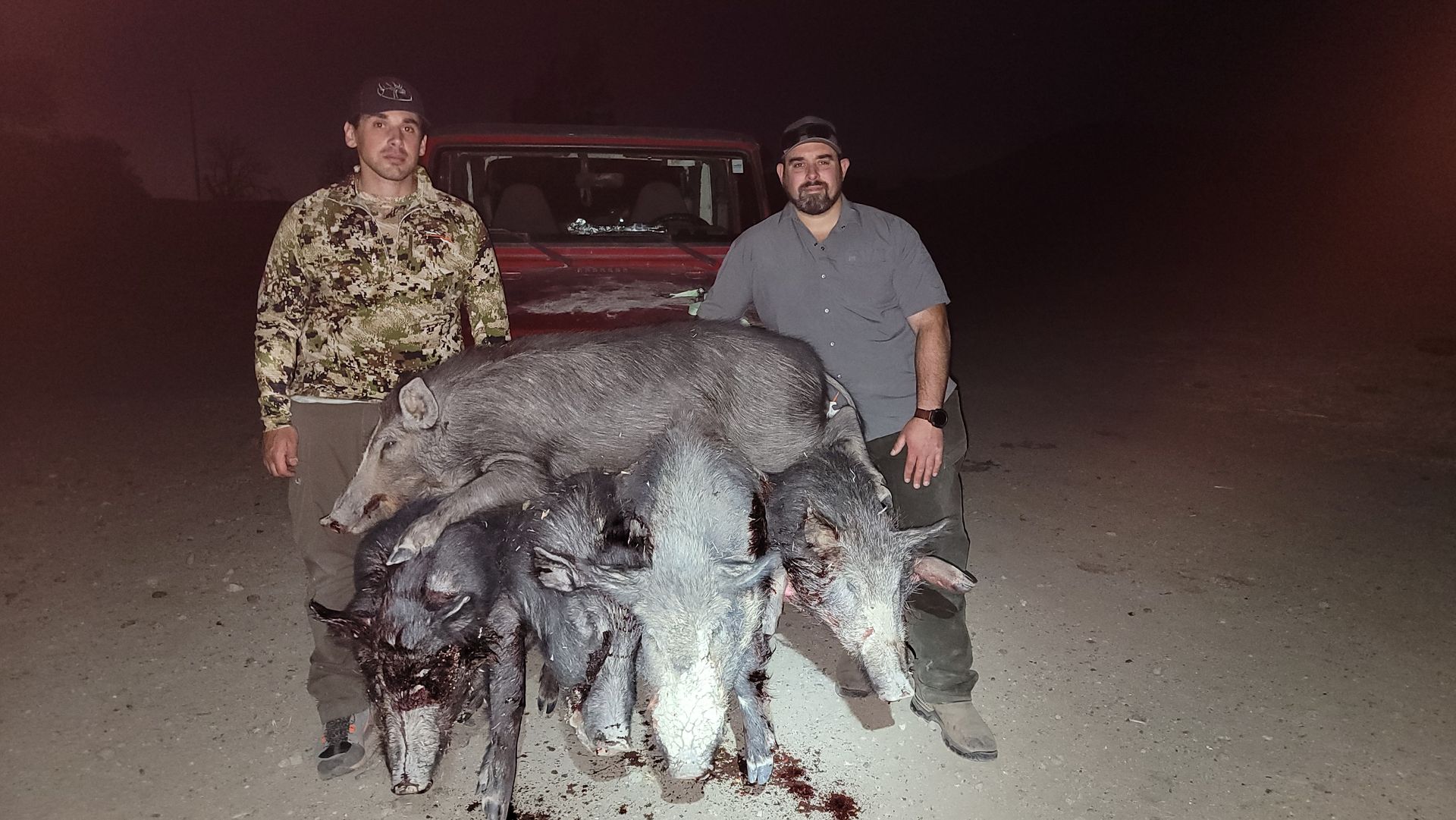 Two people standing behind a large dead wild boar at night, with a red truck in the background.