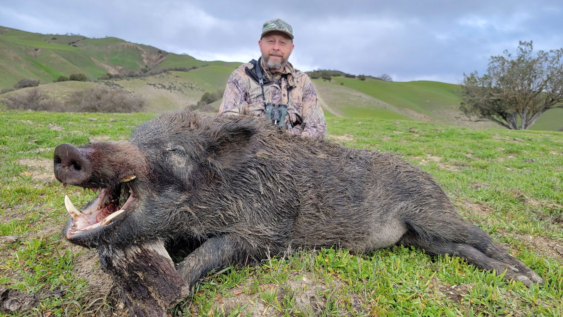 Hunter posing behind a large wild boar on a grassy hillside under cloudy skies