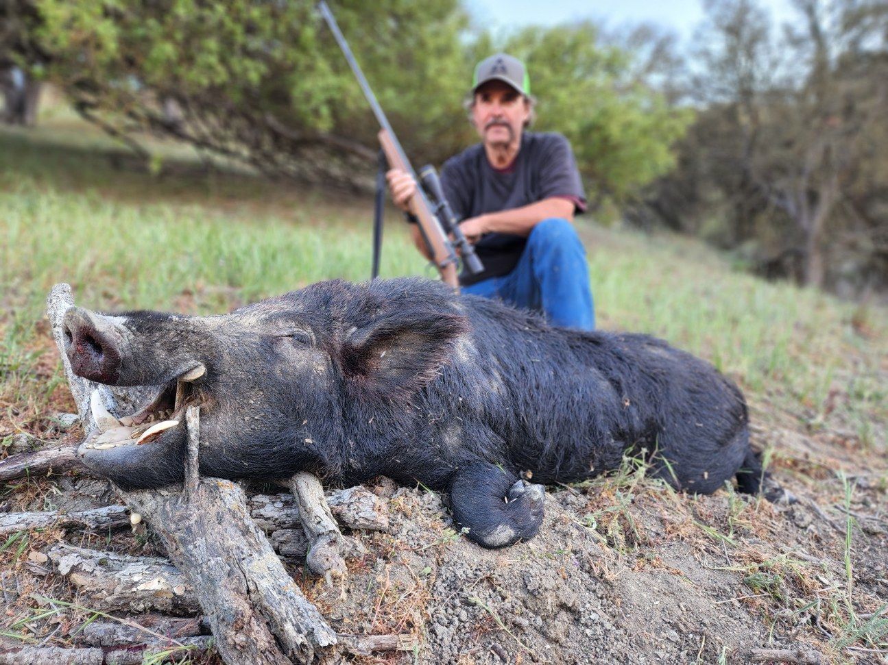 Hunter kneels behind a large wild boar on a grassy hillside, holding a rifle.