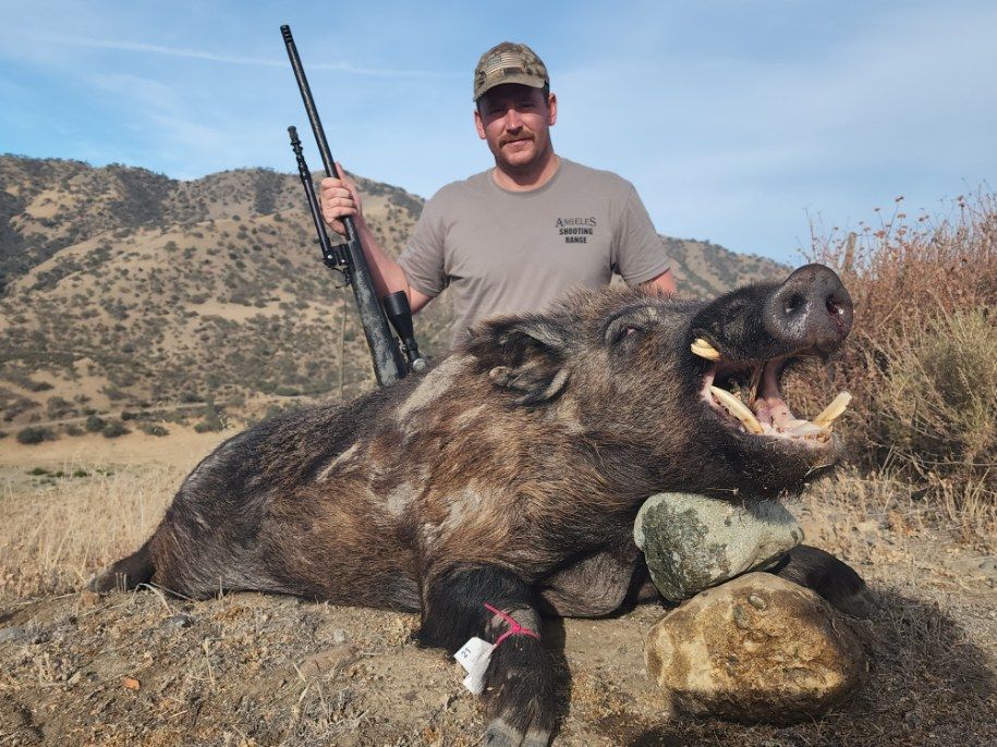 Hunter standing behind a large wild boar on dry hills, holding a rifle.