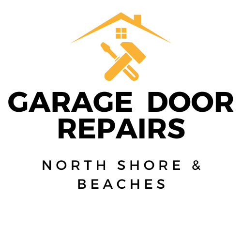 A logo for a garage door repair company in north shore and beaches.