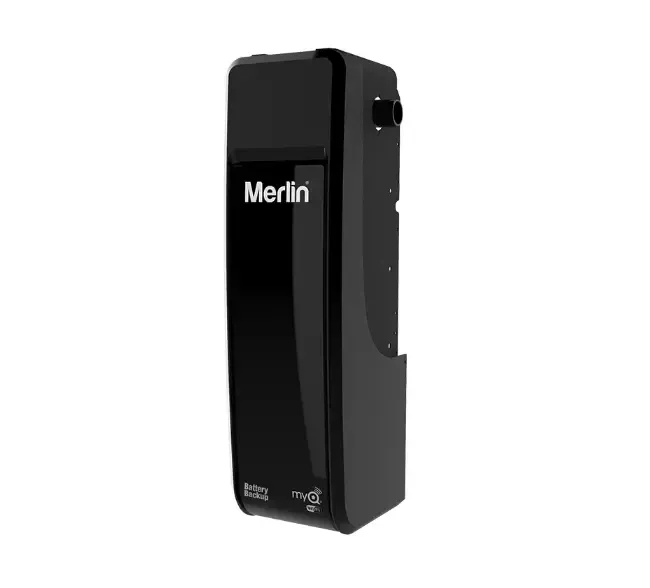 A black merlin garage door opener on a white background.
