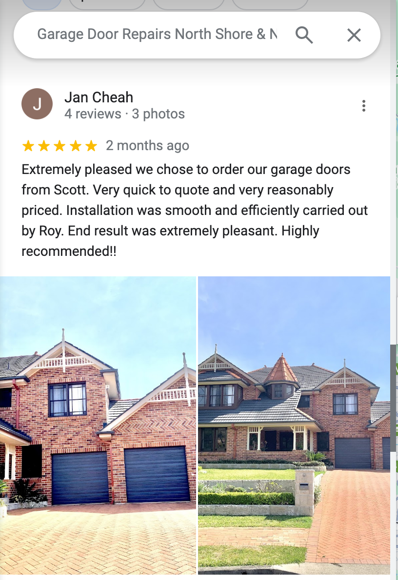 A collage of photos of a brick house with blue garage doors.