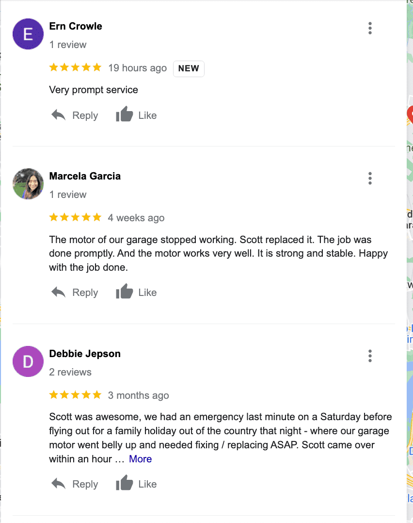 A screenshot of a google review page with a map in the background.