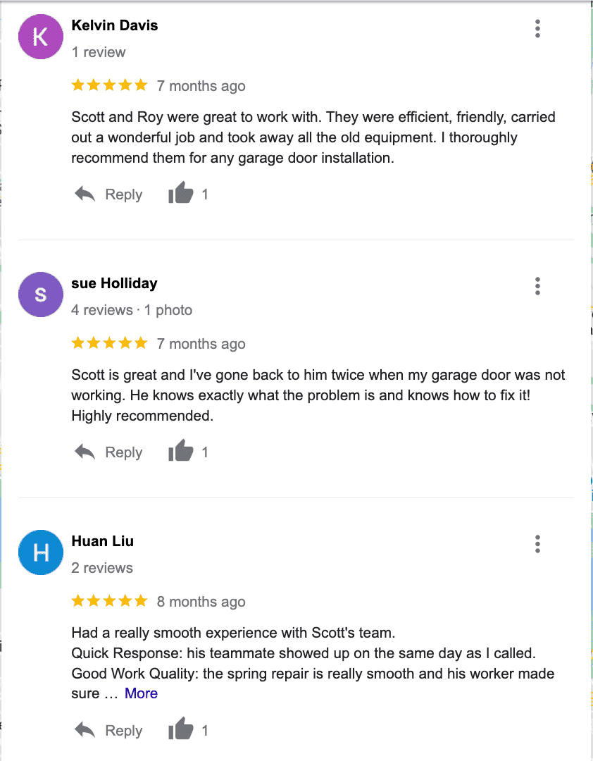 A screenshot of a google review for a garage door repair company.