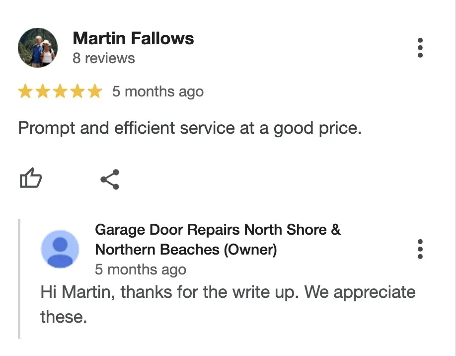 A google review for martin fallows garage door repairs north shore & northern beaches