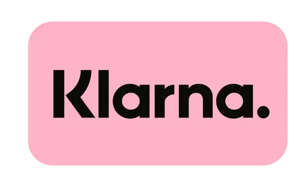 Klarna logo: Black text on a rounded pink rectangle.