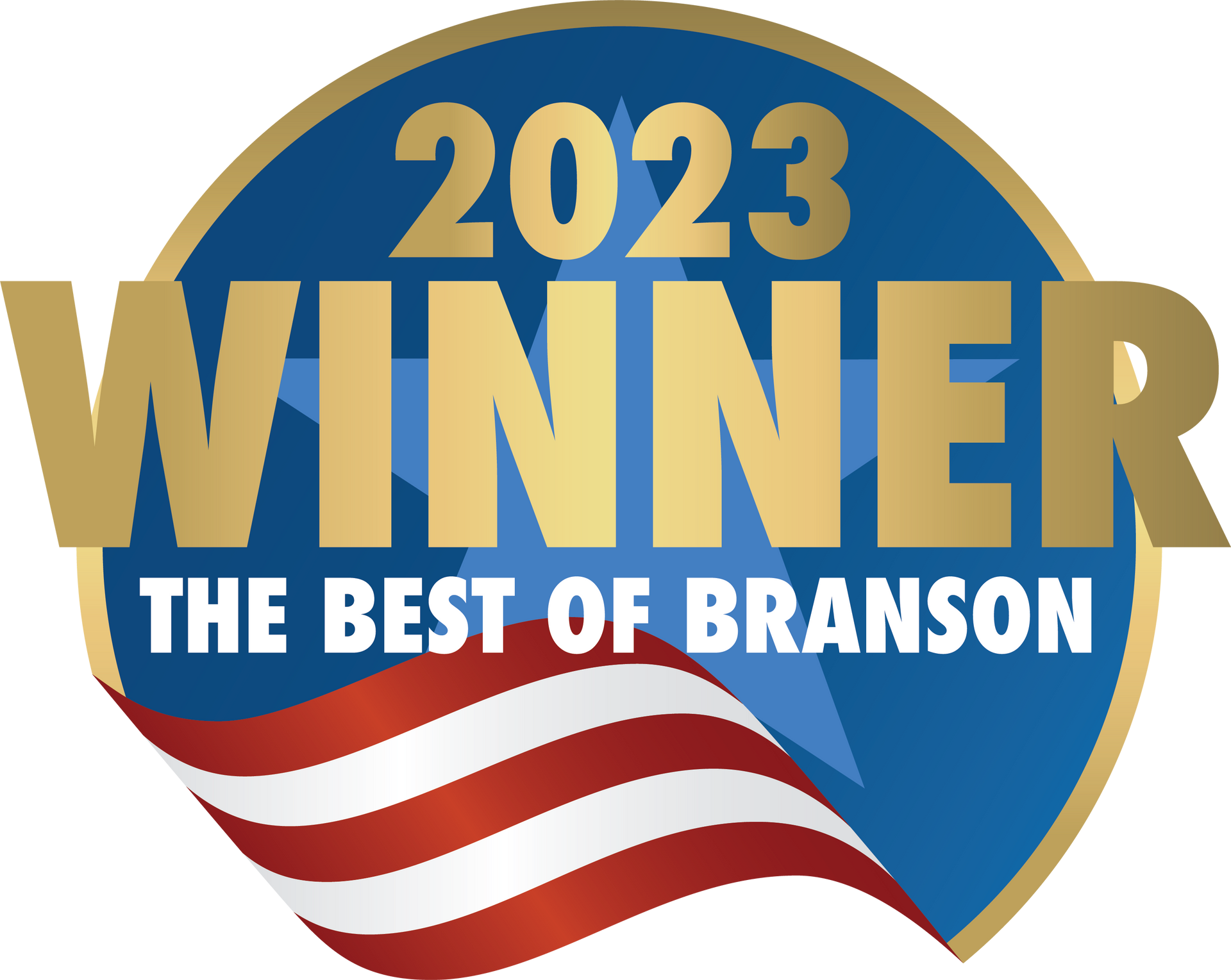 2023 Best of Branson winner badge. Gold text on blue background, with a red, white, and blue flag waving.