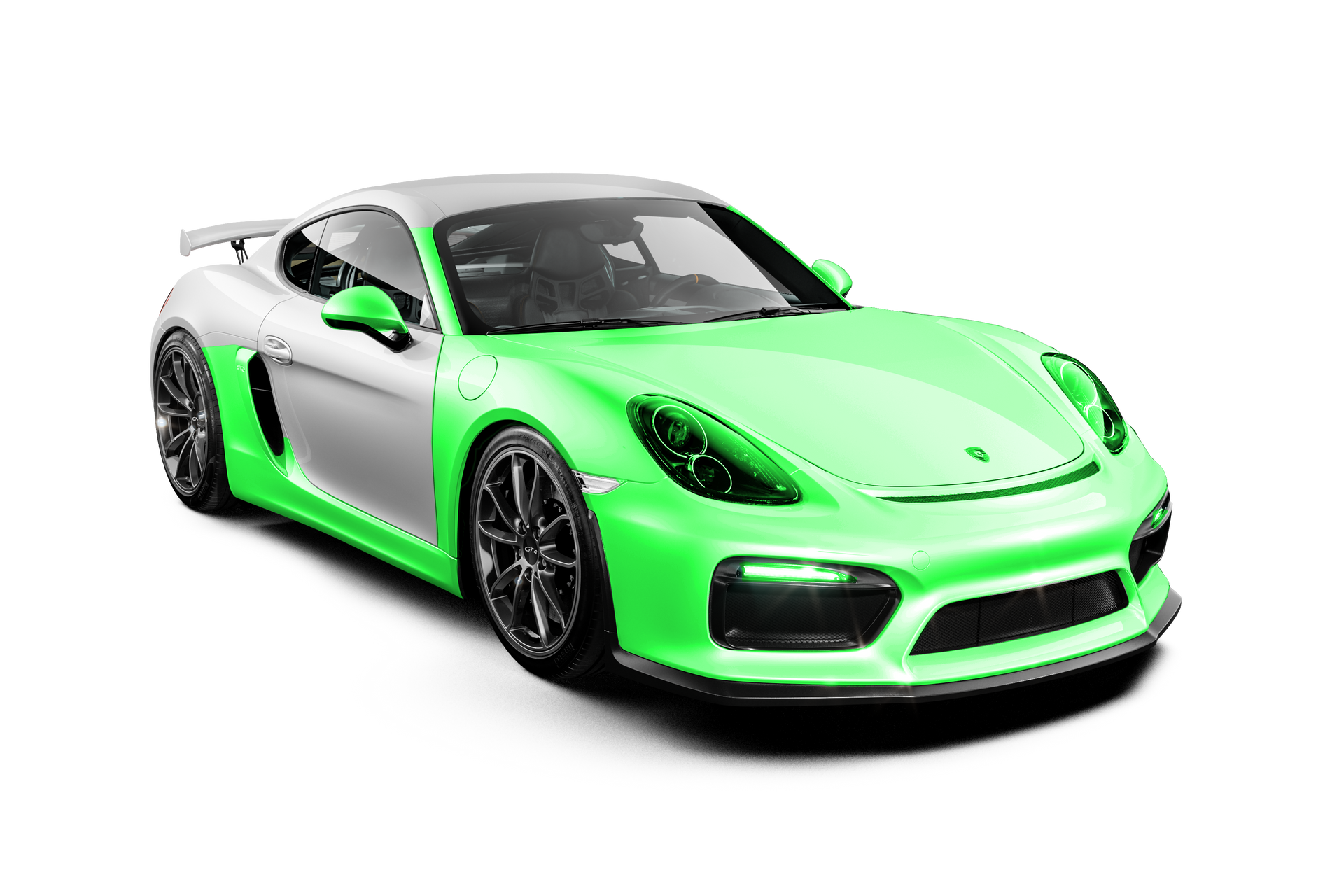 Silver and green Porsche sports car.