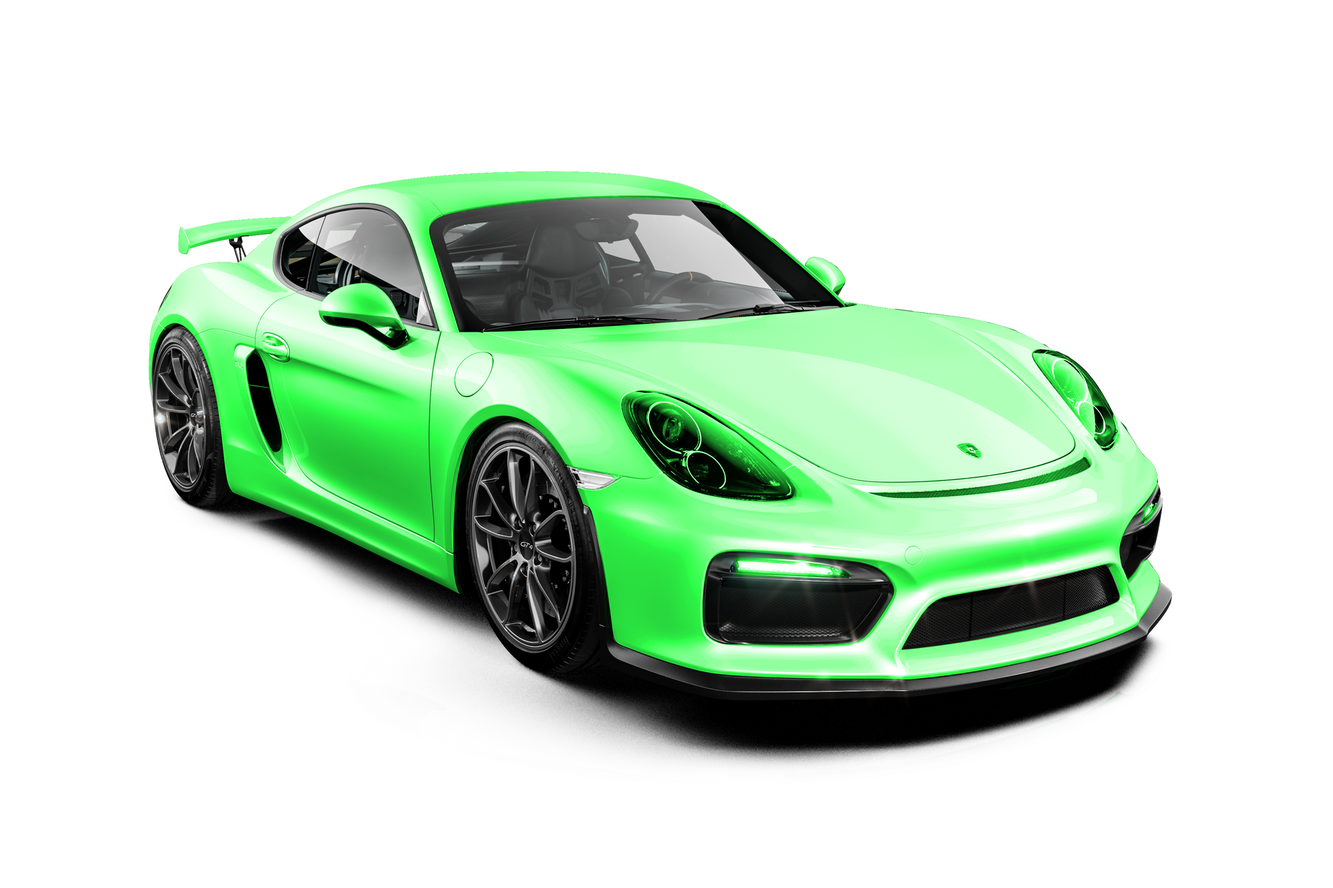 Bright green Porsche sports car on a white background.